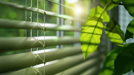 Soft sunlight filters through window blinds, casting delicate shadows on vibrant green leaves, creating a peaceful and cozy indoor atmosphere.の素材