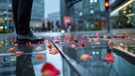 A striking image capturing vibrant rose petals scattered on a rain-soaked sidewalk, reflecting an urban atmosphere at dusk with a person holding an umbrella.の素材