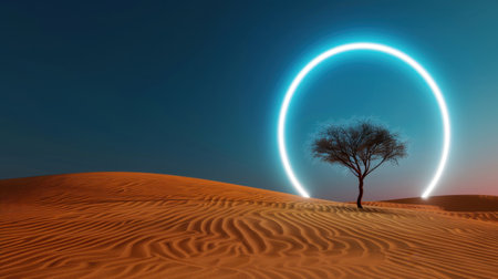 A serene desert landscape at twilight showcasing a solitary tree against glowing neon circular light, capturing the beauty of solitude and tranquility.の素材