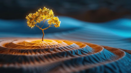 A captivating scene featuring a lone tree with glowing leaves set against soft sand dunes under a starry night sky, evoking a sense of wonder and tranquility.の素材