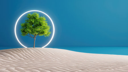This stunning image features a vibrant green tree set against a smooth sandy ground and a bright blue sky. The glowing halo creates a serene atmosphere, perfect for evoking feelings of calm and tranquility.の素材