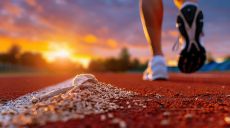 A dynamic image of a runner on a track at sunset, with oats spilled on the ground emphasizing the connection between athletics and nutrition.の素材