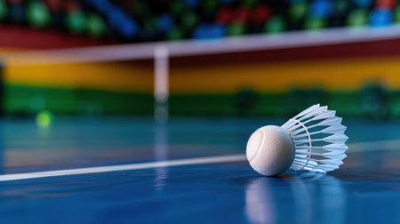 A close-up view of a badminton shuttlecock and ball resting on a vibrant indoor court, highlighting the essence of sports and physical activity.の素材