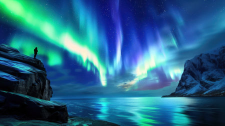 This stunning image captures the vibrant colors of the northern lights illuminating a clear night sky over a tranquil water body, surrounded by rugged cliffs.の素材