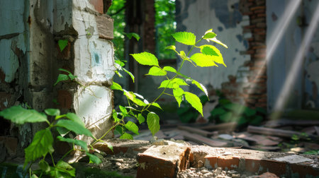 A vibrant green plant emerges from cracked walls of a derelict building, illuminated by warm sunlight, showcasing resilience in a decaying environment.の素材