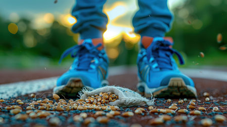 A dynamic image of a person wearing blue sneakers standing on a running track with spilled grain nearby, set against a beautiful sunset backdrop.の素材