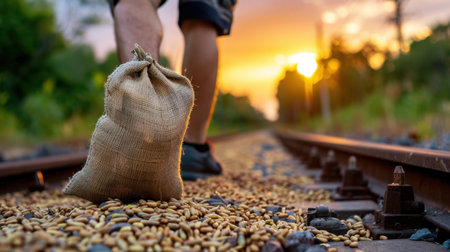 A scenic view of a person walking along railroad tracks at sunset, with a sack of grain resting on the ground amidst scattered seeds.の素材