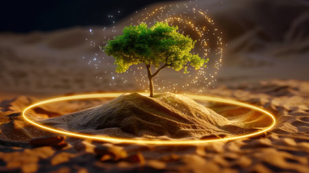 This stunning image showcases a vibrant single tree rising from golden sand, encircled by a glowing ring, evoking a sense of magic and tranquility.の素材