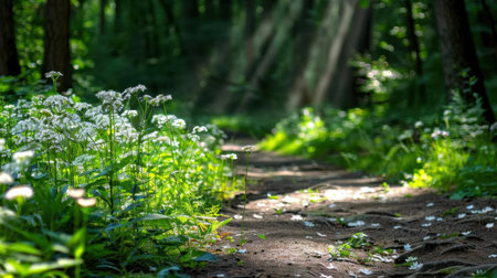 A tranquil forest pathway adorned with delicate wildflowers, illuminated by gentle sunlight filtering through the trees creates a serene nature scene.の素材