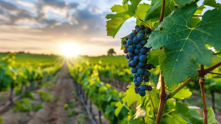 A stunning close-up of ripe grapes hanging from a lush vine in a vibrant vineyard, capturing the essence of nature at sunset, illuminating the landscape.の素材