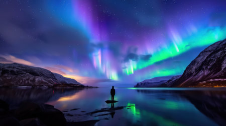 Experience the breathtaking beauty of the northern lights illuminating a tranquil lake at dusk, with a silhouette standing in serene surroundings.の素材