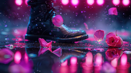 A striking close-up capturing the moment a black boot steps through pink petals, with a vibrant bokeh effect and shimmering water reflection.の素材