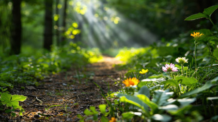 A tranquil forest scene showcasing sunlight streaming through trees over a serene pathway adorned with vibrant wildflowers, inviting relaxation and exploration.の素材