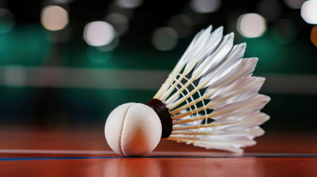 A dynamic close-up shot of a badminton shuttlecock and ball resting on a court surface. The blurred background adds depth, highlighting sports action and competition.の素材