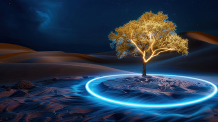 A stunning scene featuring a glowing tree basking in soft blue light against a serene desert backdrop at night. The image evokes tranquility and imagination.の素材