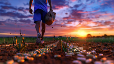 A dedicated farmer walks along a dirt path at sunset, carrying seeds with vibrant clouds and a golden light creating a picturesque rural scene.の素材