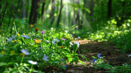 A beautiful forest path adorned with vibrant wildflowers in various colors, illuminated by soft sunlight filtering through the lush trees.の素材