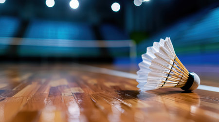 A stunning close-up of a badminton shuttlecock resting on a polished wooden court. The vibrant indoor arena features bright lights and a blurred background, capturing the essence of competitive sports. This image reflects the excitement and energy of badminton, perfect for promoting athletic activities and events.の素材