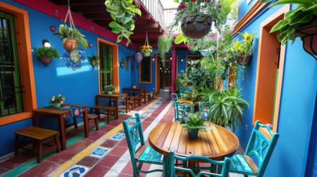 This image features a vibrant courtyard filled with greenery and rustic wooden furniture, capturing the charm of Mexican architecture and outdoor living.の素材