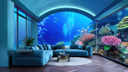 This stunning image features a modern living room with an immersive underwater view of a vibrant coral reef and marine life, creating a serene atmosphere.の素材