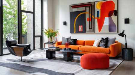 A beautifully designed modern living room featuring a vibrant orange sofa, stylish furniture, and eye-catching abstract artwork that enhances the space.の素材