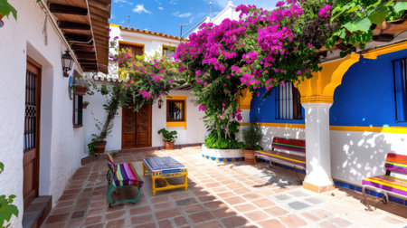 A stunning courtyard showcasing vibrant bougainvillea against colorful traditional architecture in Mexico, perfect for relaxation and cultural immersion.の素材