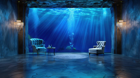 This captivating underwater lounge features elegant furnishings and a serene atmosphere, creating a tranquil escape into a dreamlike aquatic world.の素材