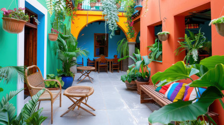 A beautifully designed courtyard featuring colorful walls and lush greenery, creating a serene and inviting atmosphere perfect for relaxation and leisure.の素材