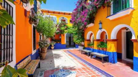 Discover a sunny courtyard adorned with vibrant colors and blooming bougainvillea, showcasing traditional Spanish architecture and a serene atmosphere.の素材