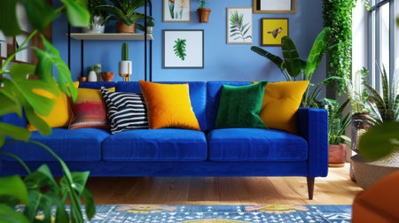 A stylish modern living room featuring a blue couch adorned with colorful pillows, surrounded by lush greenery and artistic wall decor, creating a vibrant and inviting atmosphere.の素材