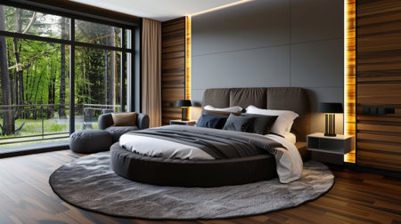 A serene and modern bedroom setup featuring a round bed, soft pillows, and elegant wooden accents. Large windows invite nature indoors, enhancing tranquility.の素材