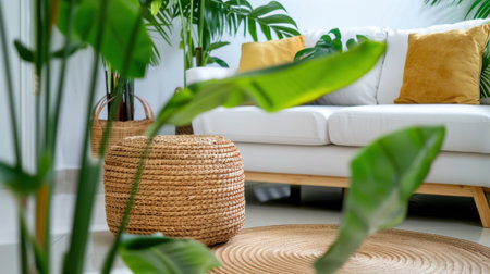 A modern living room featuring a stylish white sofa adorned with cushions, surrounded by lush tropical plants, natural textures, and vibrant decor, creating a cozy environment.の素材