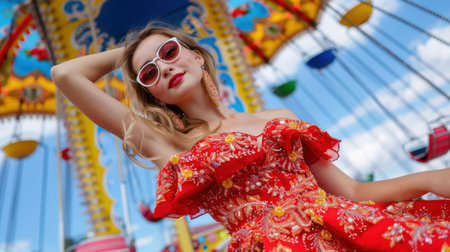 A stunning woman in a vivid red dress poses with confidence at an amusement park carousel. She wears stylish sunglasses under a bright blue sky, embodying joy and elegance.の素材
