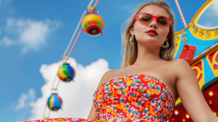 A vibrant young woman enjoys a sunny day at the amusement park, wearing a colorful summer dress and stylish sunglasses, radiating joy and style.の素材