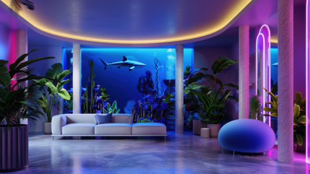 A serene indoor lounge featuring a stylish sofa, vibrant lighting, and an aquarium showcasing marine life, perfect for relaxation and modern decor.の素材