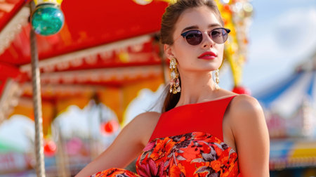 A confident young woman poses in a stunning floral dress against a vibrant fairground backdrop, capturing the essence of summer fun and style.の素材