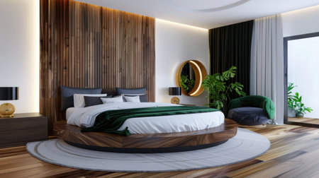 Discover a modern luxurious bedroom showcasing a unique circular bed, wooden accents, elegant decor, and inviting greenery, perfect for relaxation.の素材