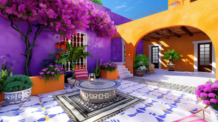 A stunning courtyard showcasing vibrant purple and orange walls adorned with lush flowering plants, offering a tranquil outdoor retreat filled with colorful charm.の素材