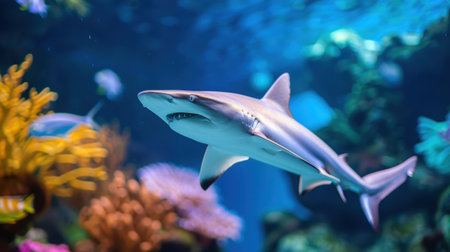 A stunning view of a shark gliding through a colorful coral reef, showcasing the beauty and diversity of underwater life in a vibrant ecosystem.の素材