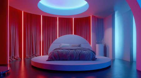 This stunning bedroom features a circular bed, sleek modern architecture, and vibrant colored lighting, creating an inviting and stylish atmosphere perfect for relaxation.の素材
