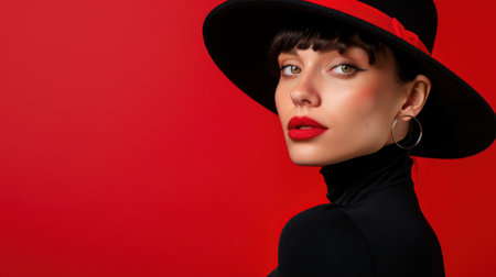 A stylish portrait of a woman in a black turtleneck and wide-brimmed hat, showcasing elegant makeup and bold red lips against a bright red backdrop.の素材