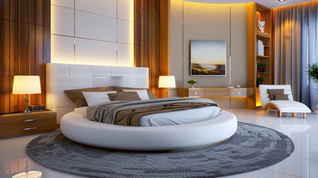 Experience the harmony of modern design in this stylish bedroom featuring a circular bed, elegant decor, and warm ambient lighting for a serene atmosphere.の素材