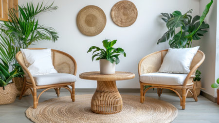 This modern living room features cozy rattan chairs with soft cushions, surrounded by lush greenery and natural textures, creating a serene atmosphere.の素材