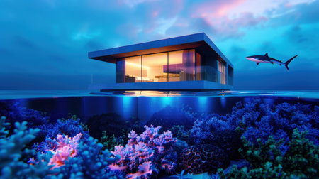 This stunning image features a modern floating house set above a vibrant coral reef, with a shark swimming nearby, showcasing the perfect blend of architecture and nature.の素材
