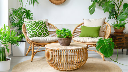 This inviting living space features stylish rattan chairs adorned with vibrant cushions, surrounded by lush greenery and a natural woven rug.の素材