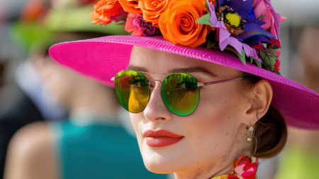 A stylish young woman showcases her vibrant personality with a colorful hat adorned with flowers and chic sunglasses, exuding elegance and joy at a lively outdoor event.の素材