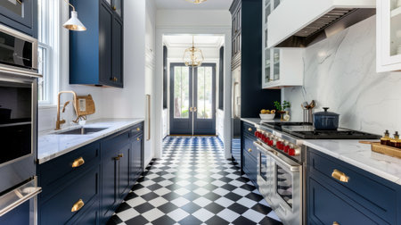 This modern kitchen features elegant blue cabinets and a striking checkerboard floor, creating a bright and inviting atmosphere for cooking and entertaining.の素材