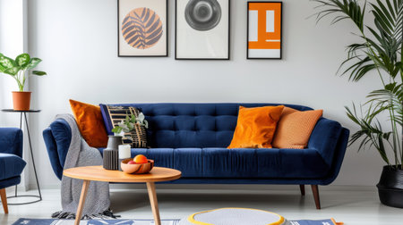 A stylish modern living room featuring a blue velvet sofa adorned with orange cushions, alongside decorative art pieces. An inviting atmosphere creates a perfect space for relaxation.の素材