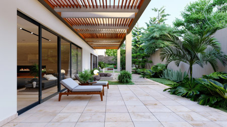 This image features a modern outdoor patio area designed for relaxation, showcasing comfortable loungers, lush greenery, and stylish architecture to create a serene environment.の素材