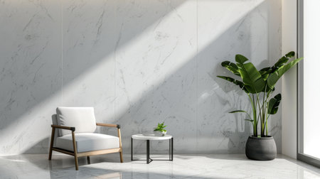 A beautifully designed minimalist interior featuring a modern chair, sleek table, and vibrant indoor plant against an elegant marble wall.の素材
